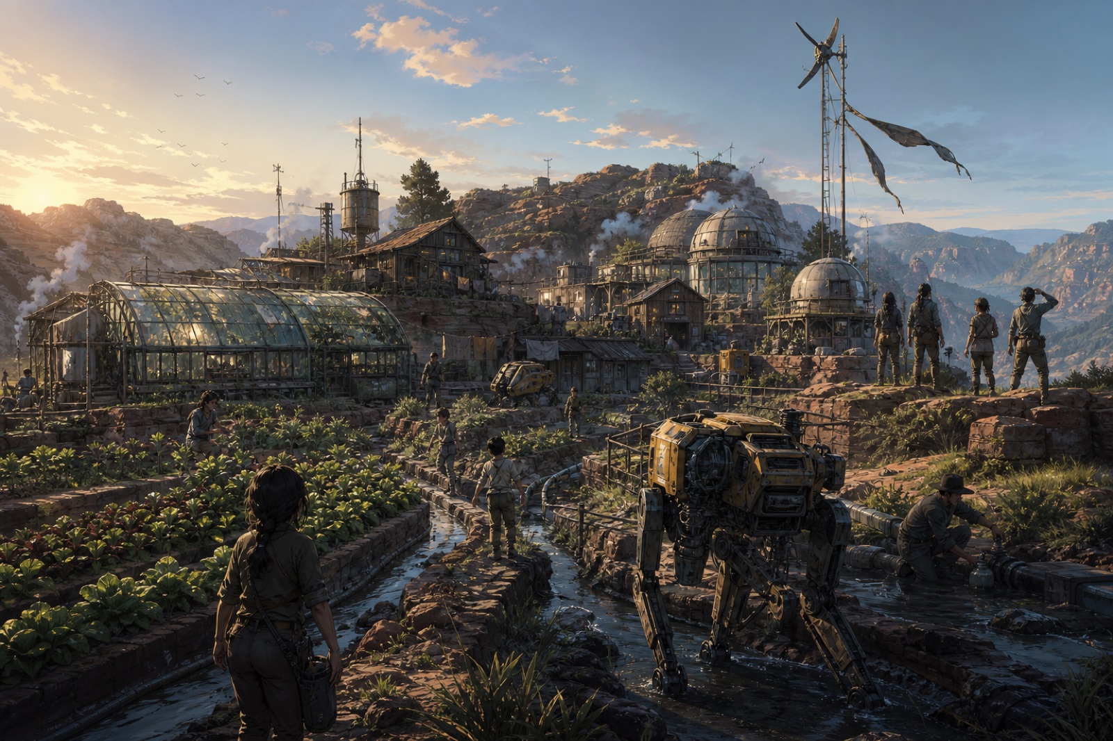 Ridge House, a free settlement in the western mountains at dawn