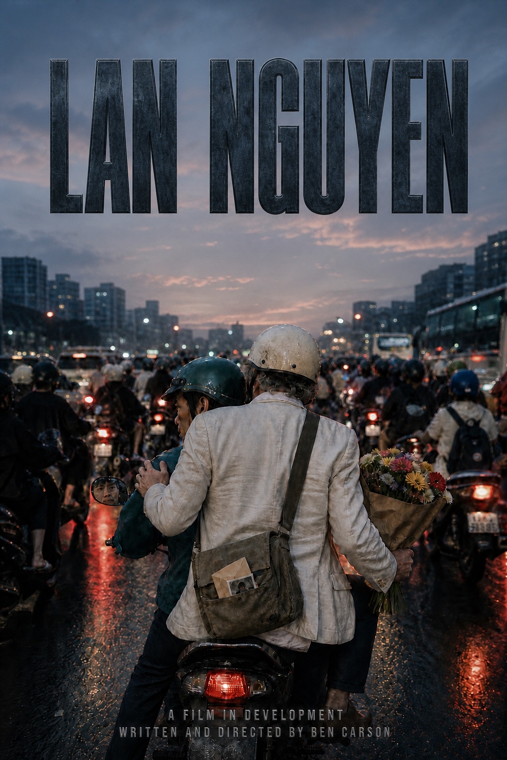 Lan Nguyen development poster showing Minh and David riding through dense Saigon traffic beneath a dark title in soft blue and pink dusk light